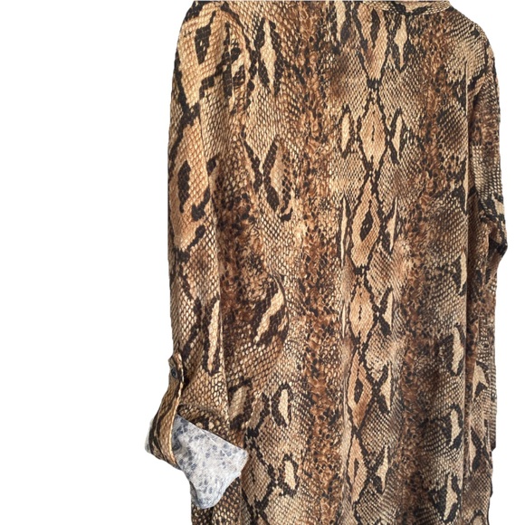 Portofino Express Brown Snakeskin Print Sheer Long Sleeve Button Down Blouse - Picture 3 of 8